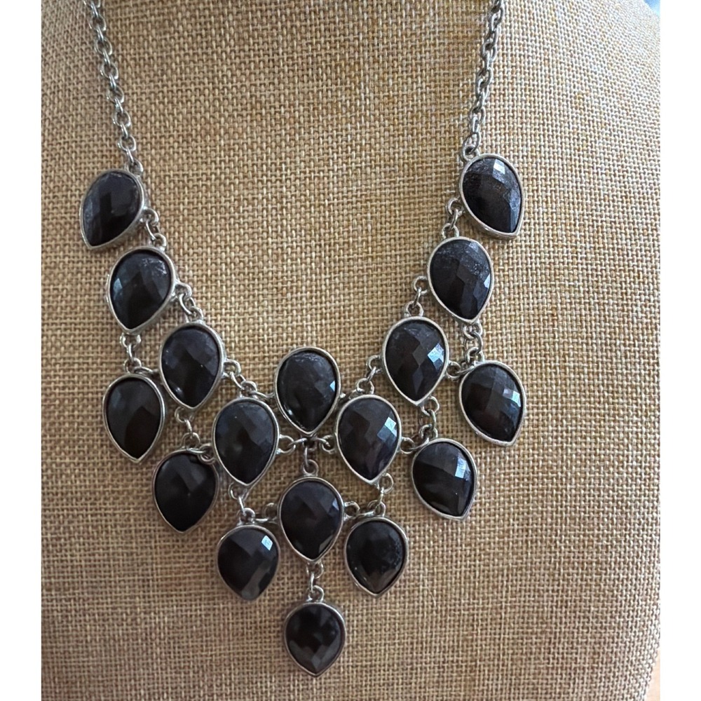Silver Tone Black Faceted Teardrop Tiered Bib Statement Necklace Goth